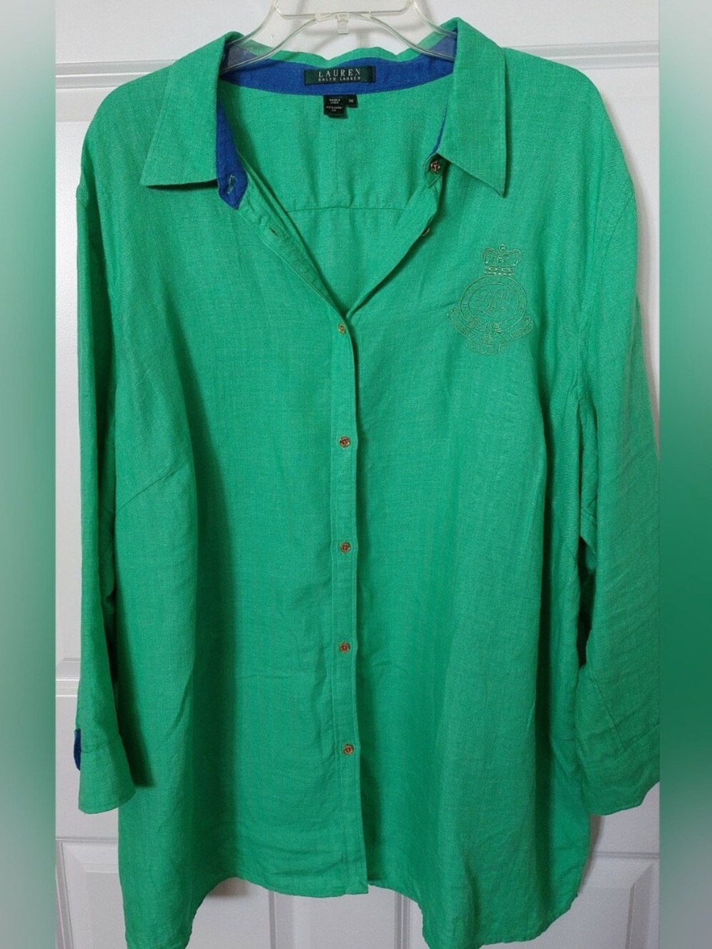 100% Linen Lauren Ralph Lauren Bright Green Button-Down Shirt with Contrast